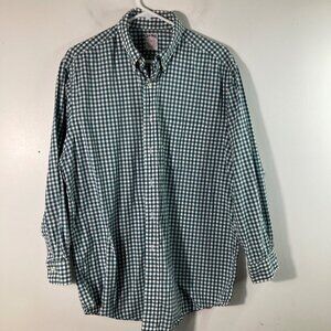 Mens Brooks Brothers Gingham Button Shirt Green White Cotton 16 1/2‎ Long Sleeve
